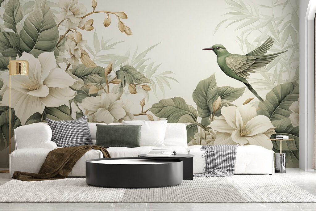 Colibrí entre flores blancas en un interior