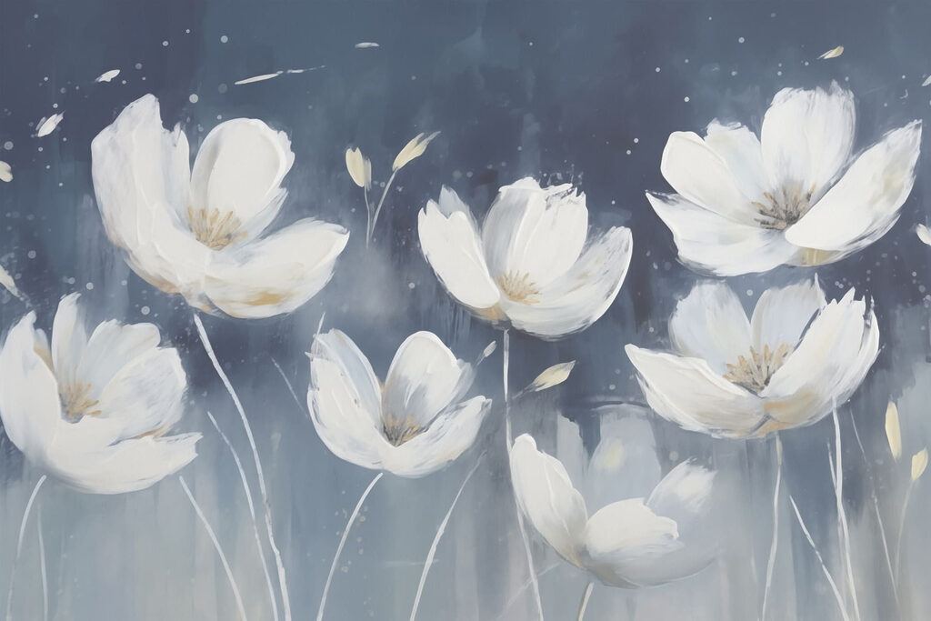 Flores blancas, azul noche — diseño completo