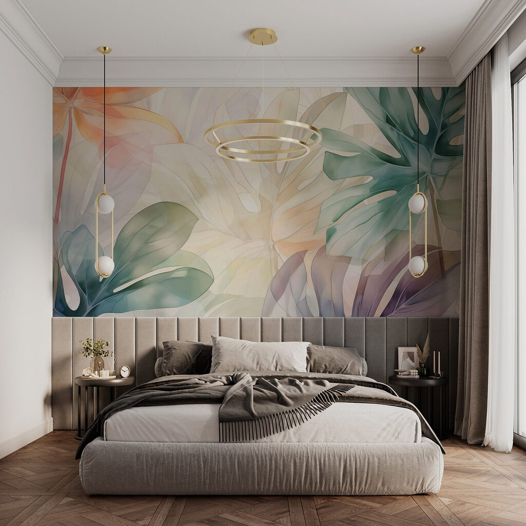 Hojas tropicales pastel en un interior