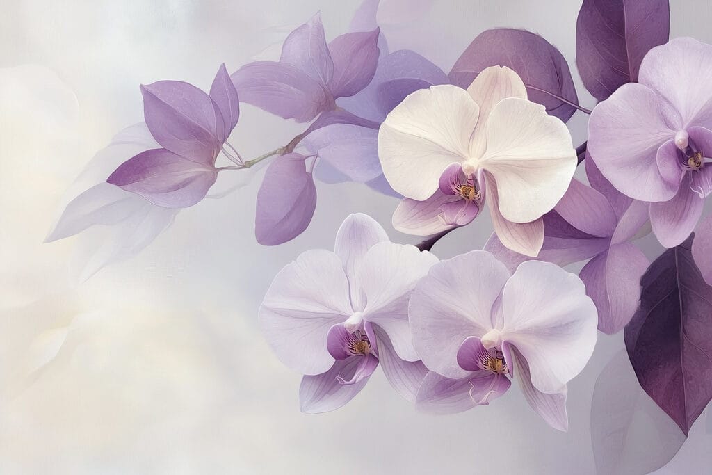 Orquídeas entre hojas moradas — diseño completo