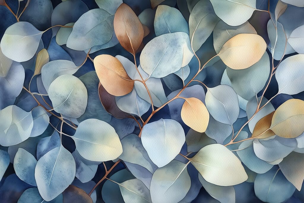Hojas azules con ocre — diseño completo
