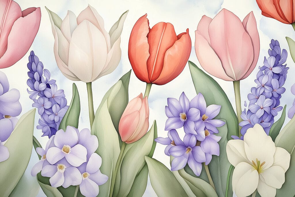 Tulipanes entre flores moradas — diseño completo