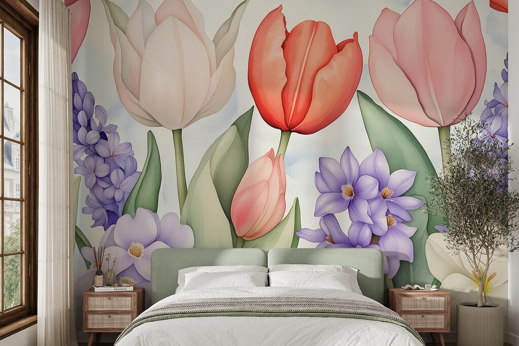 Tulipanes entre flores moradas — interior 1