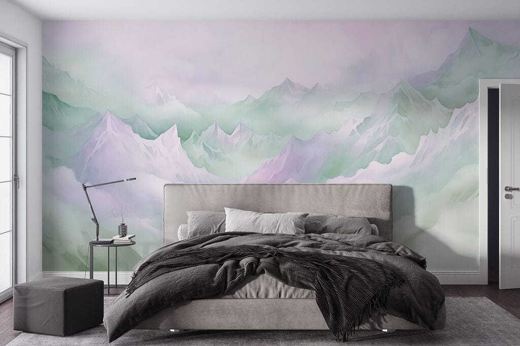 Montañas sobre nubes en un interior