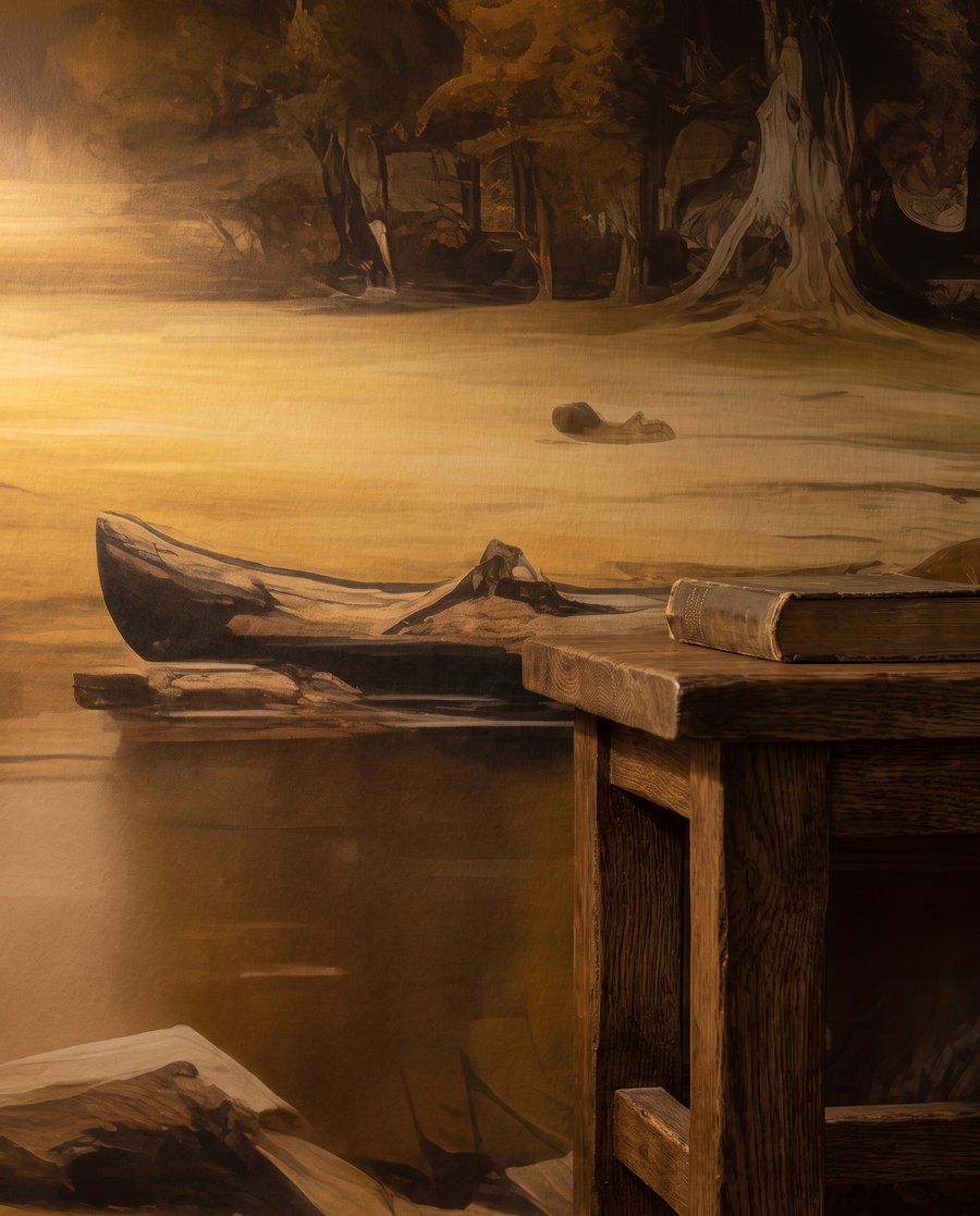 Lago otoñal con barcas — detalle