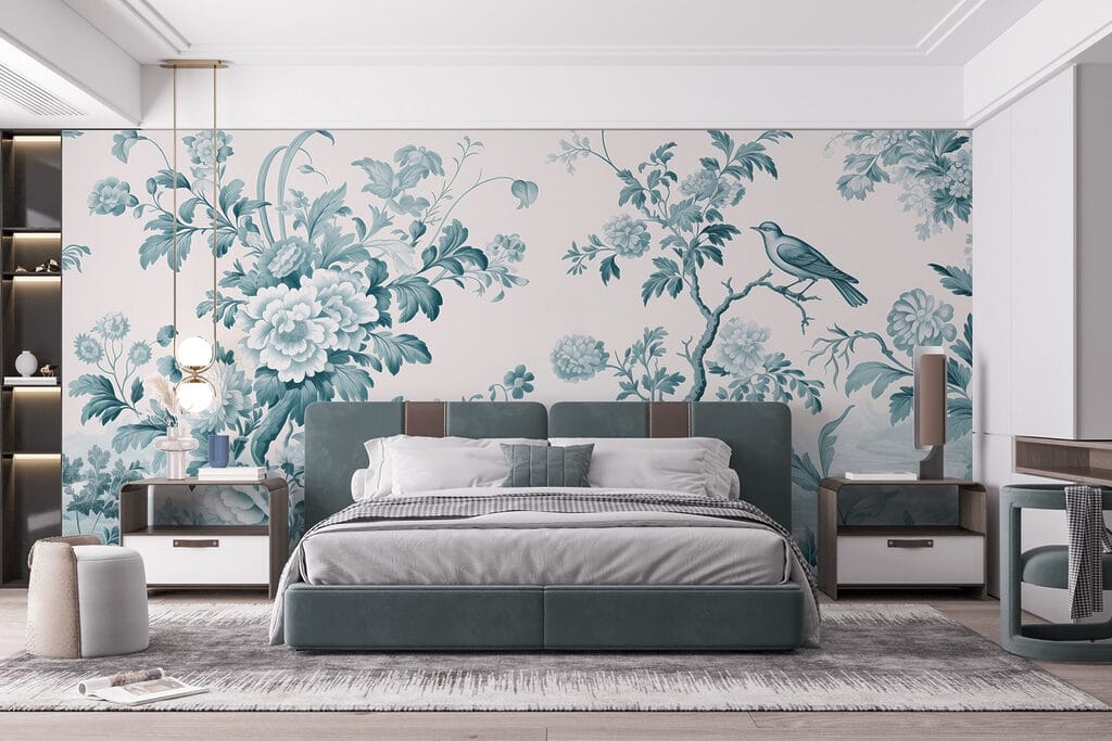 Pájaros azules entre flores — interior 1