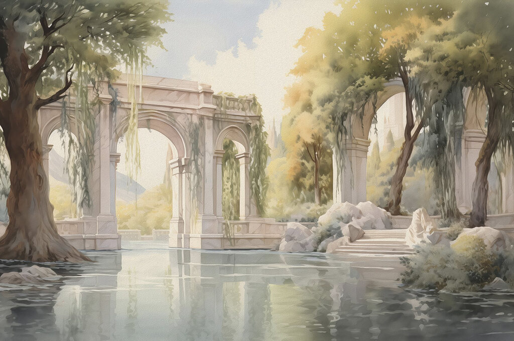 Arcos entre árboles — diseño completo