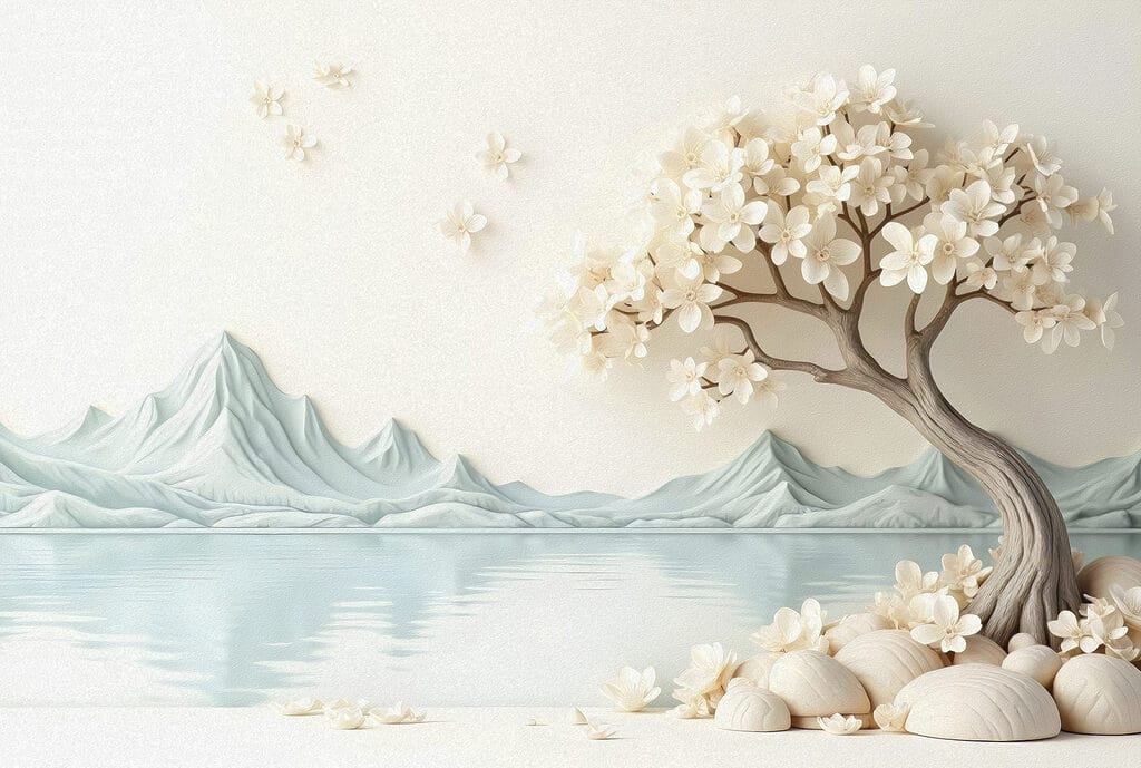 Árbol sobre agua azul — diseño completo
