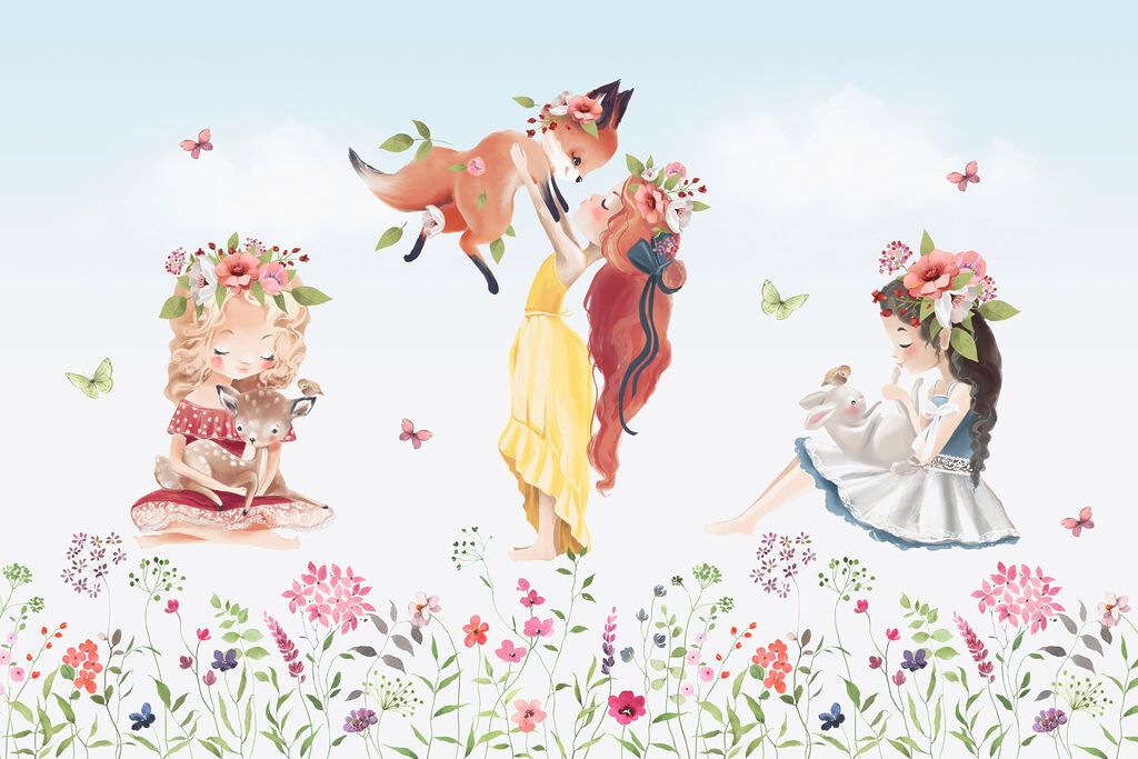 Niñas entre flores — diseño completo