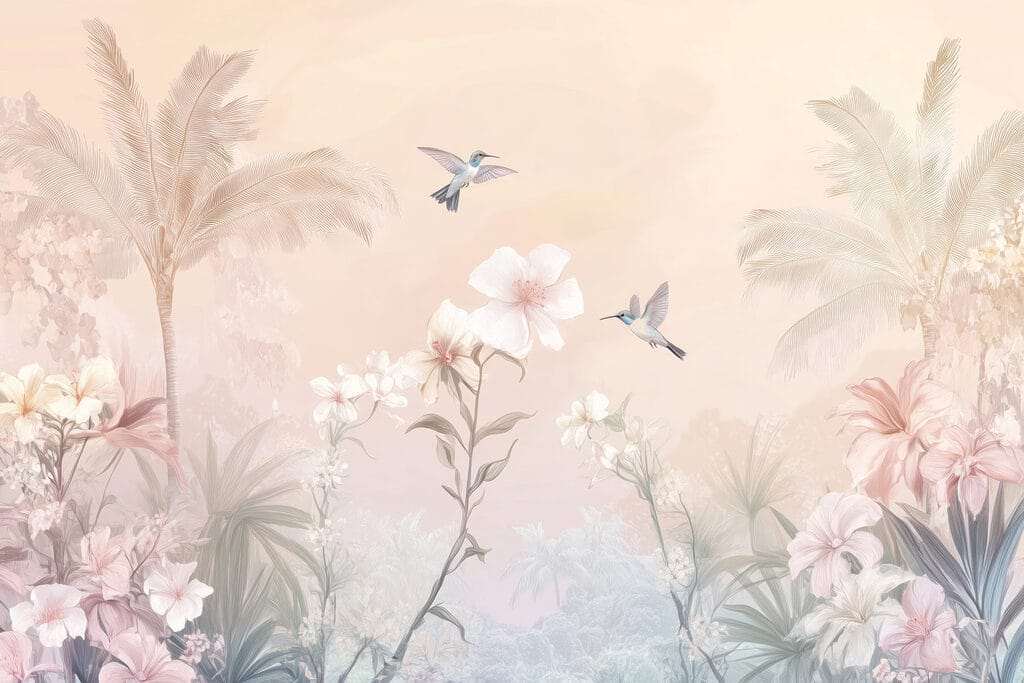 Pájaros sobre palmeras rosas — diseño completo