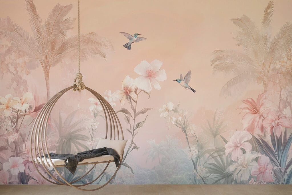 Pájaros sobre palmeras rosas — interior 1