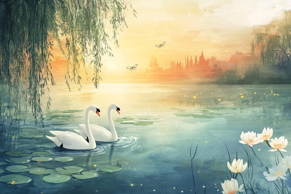 Cisnes al atardecer dorado — diseño completo