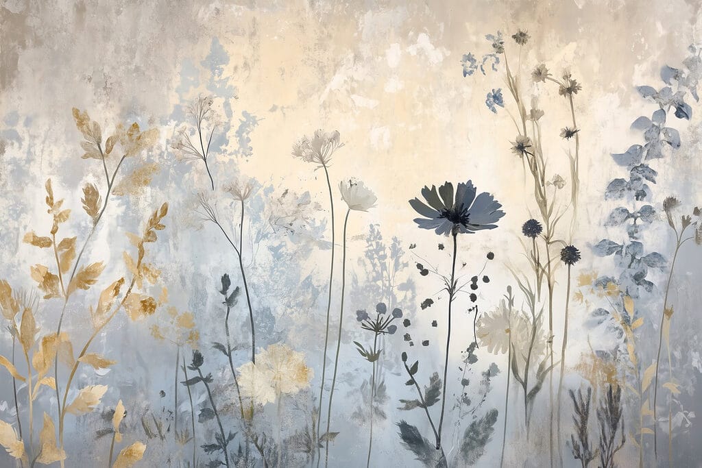 Flores finas sobre pátina — diseño completo