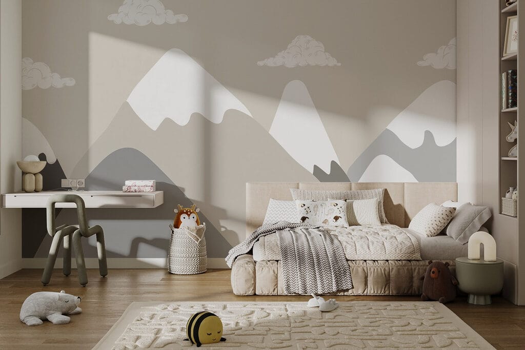 Montañas nevadas bajo nubes en un interior