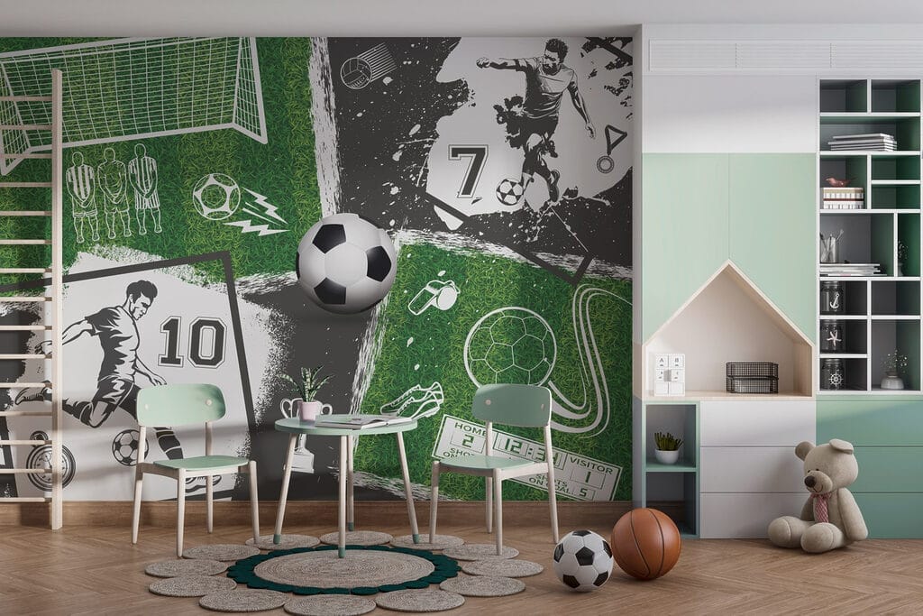 Fútbol verde y negro en un interior