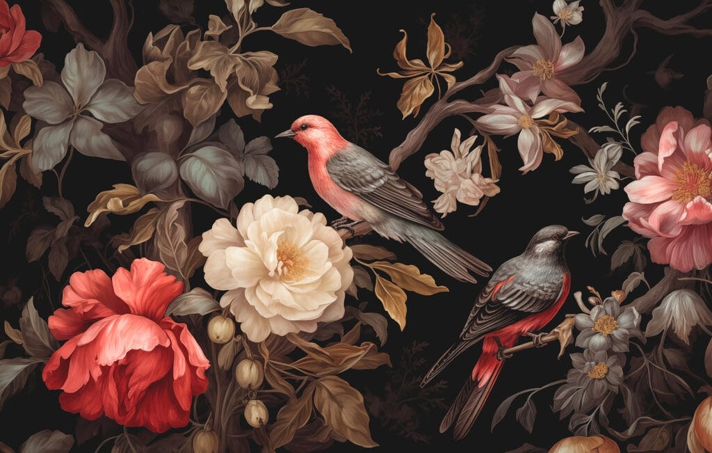 Pájaros entre flores oscuras — diseño completo