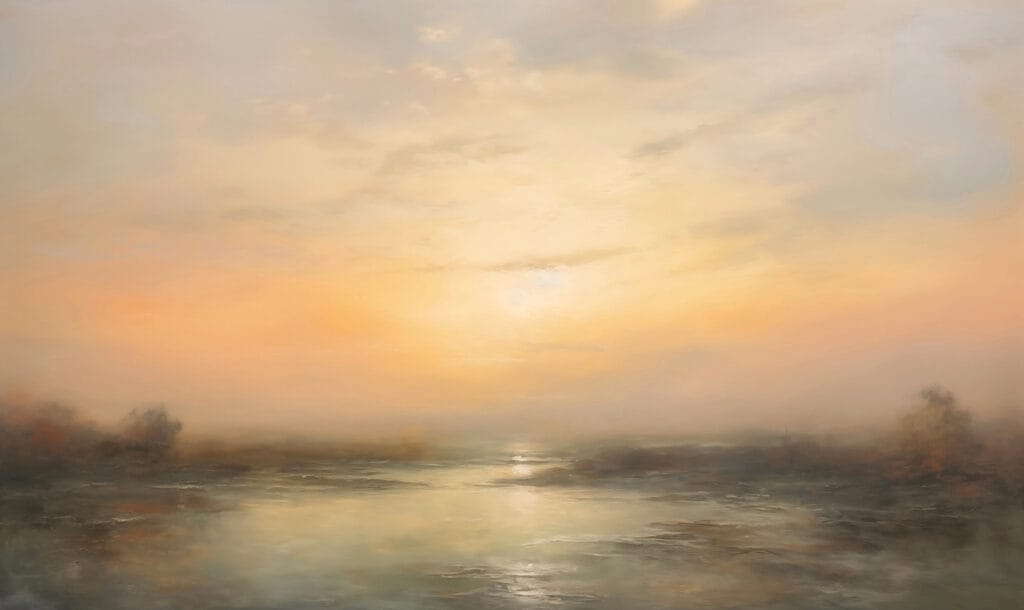 Atardecer sobre agua tranquila — diseño completo