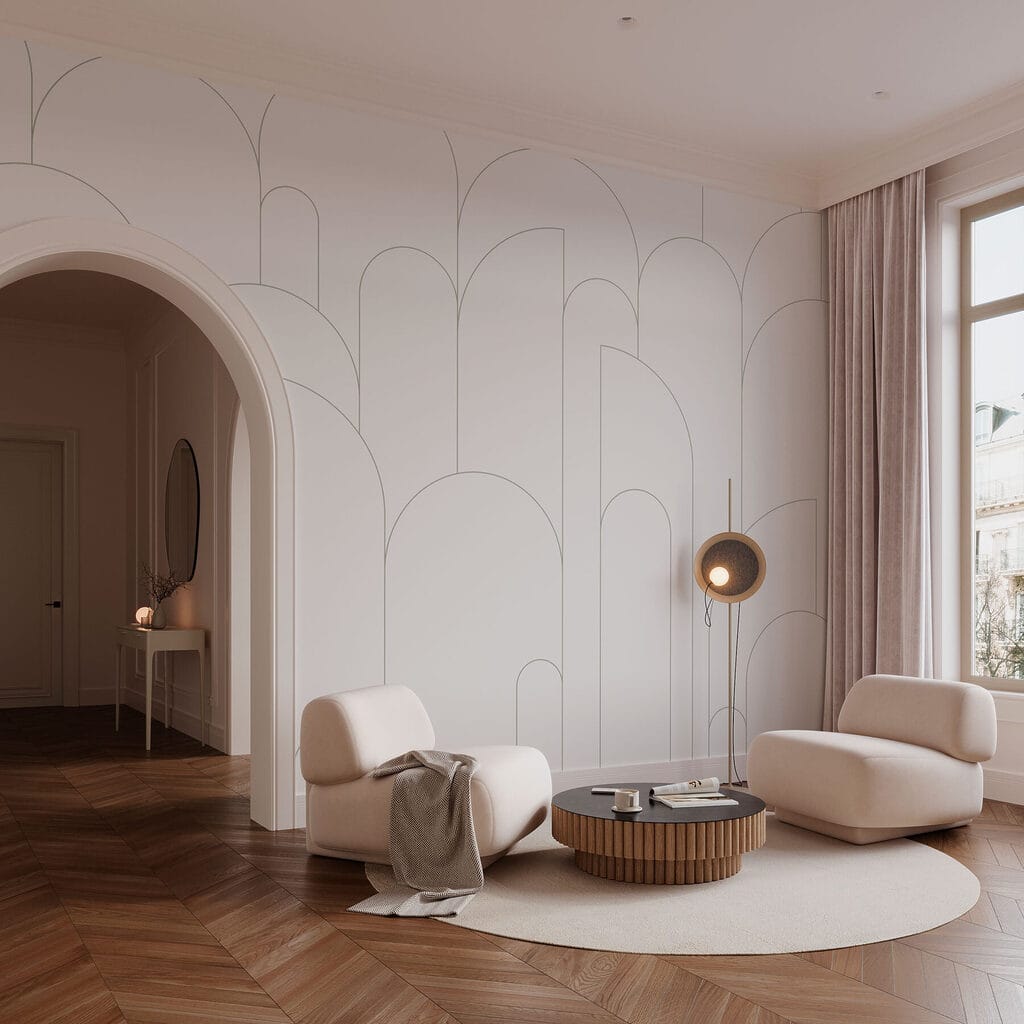 Arcos finos sobre blanco — interior 1