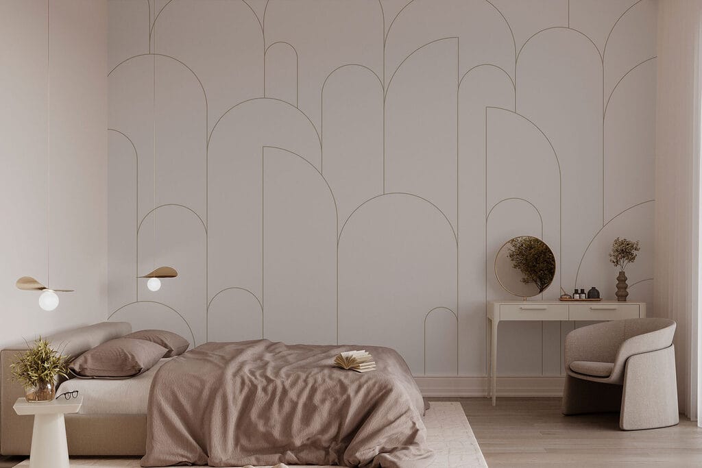 Arcos finos sobre blanco en un interior