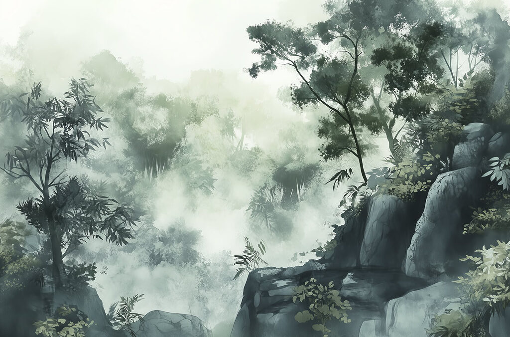 Rocas grises y bosque — diseño completo