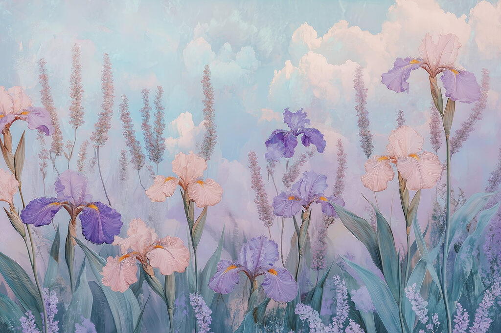 Lirios entre nubes rosas — diseño completo