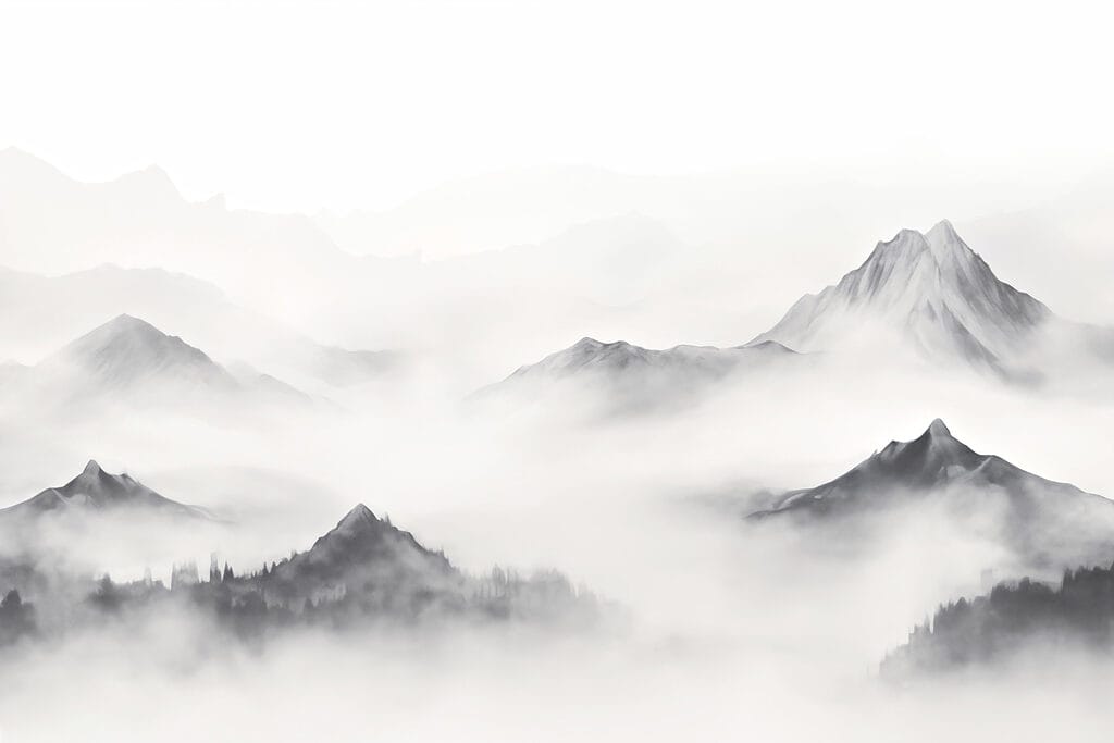 Picos grises sobre niebla — diseño completo
