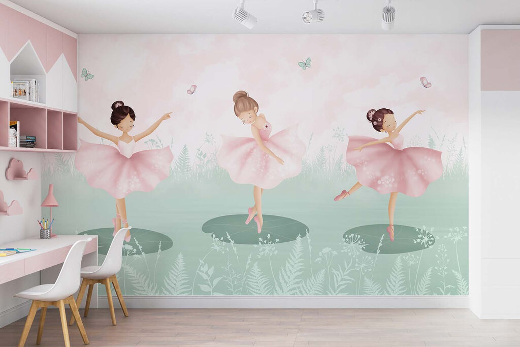 Tres bailarinas con mariposas en un interior