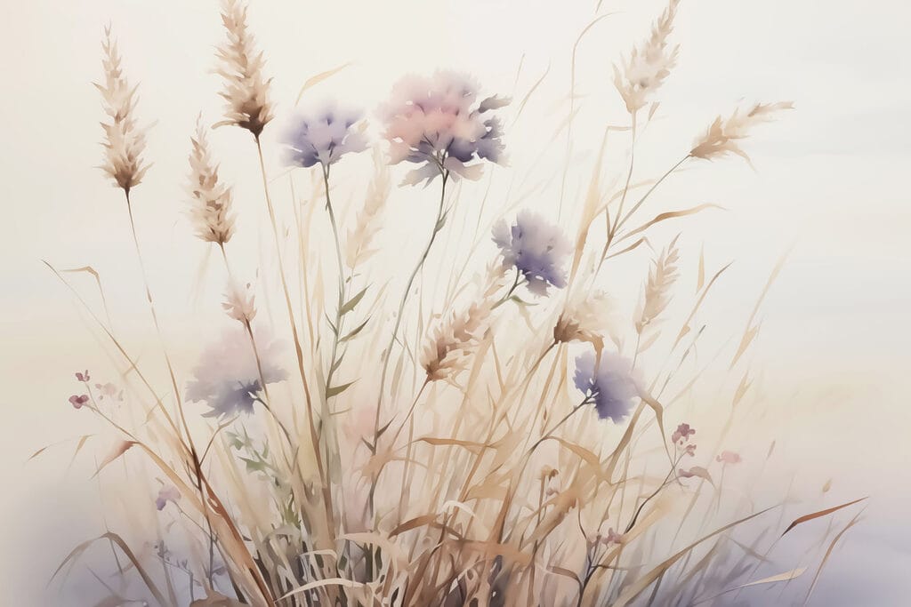Flores entre hierbas secas — diseño completo