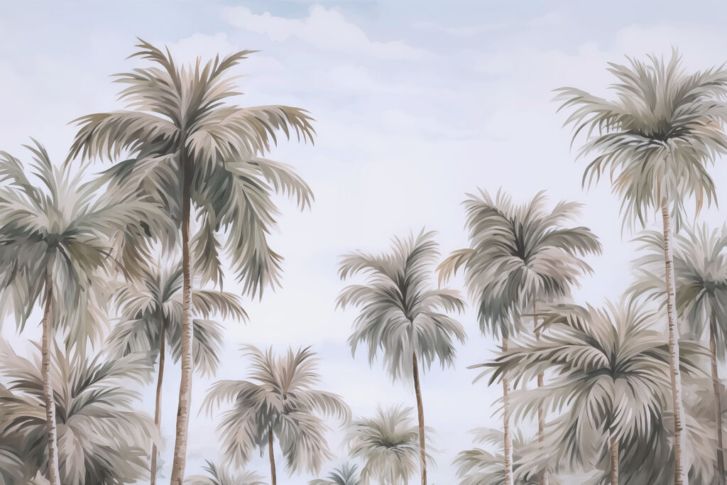 Palmeras altas, cielo lila — diseño completo