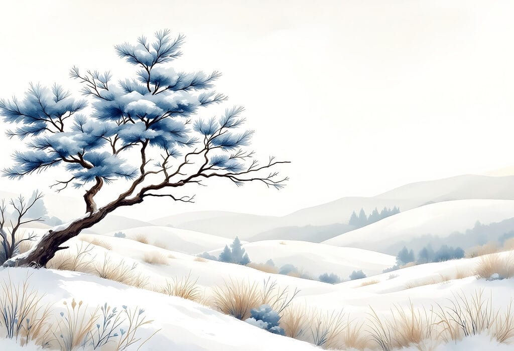Pino azul, colinas nevadas — diseño completo