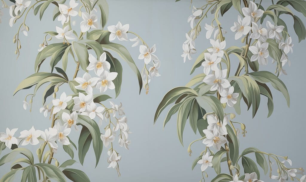 Flores colgantes sobre azul — diseño completo