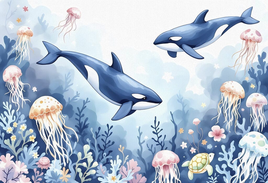 Orcas entre medusas — diseño completo