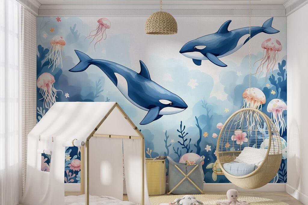 Orcas entre medusas en un interior