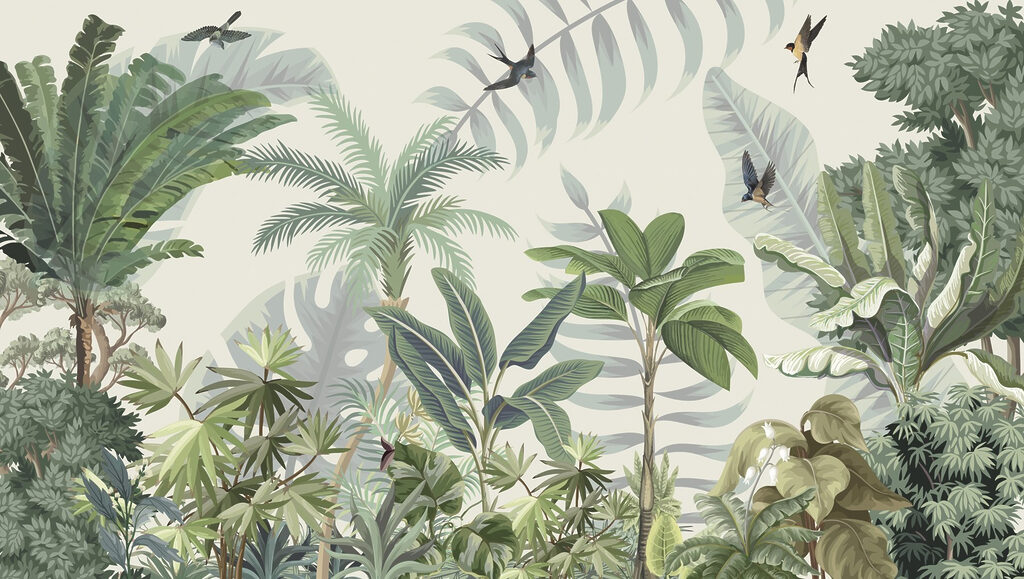 Bosque tropical con aves — diseño completo