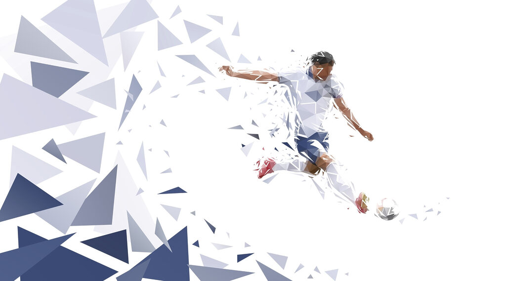 Futbolista entre fragmentos azules — diseño completo