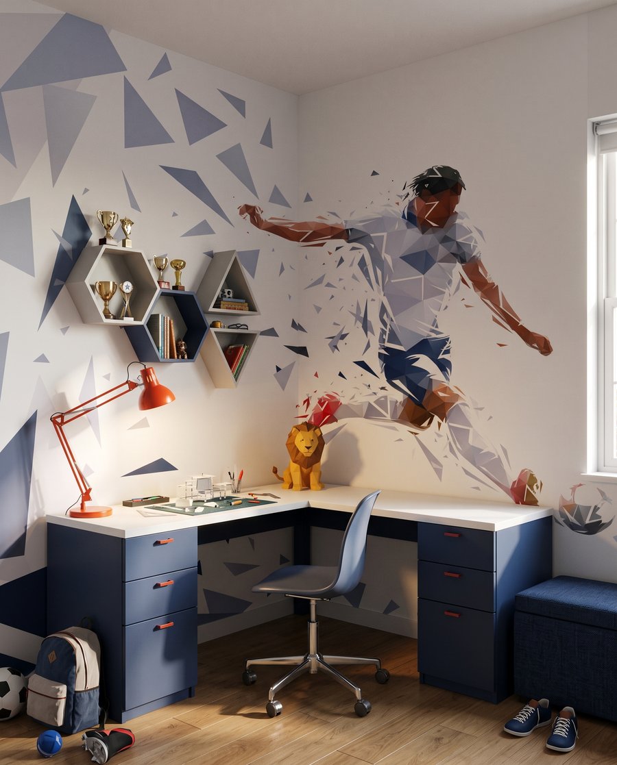 Futbolista entre fragmentos azules — interior 3
