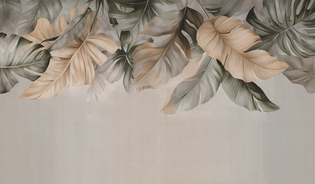 Hojas colgantes sobre taupe — diseño completo