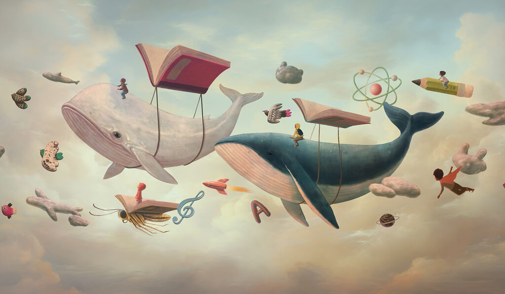 Ballenas entre libros voladores — diseño completo