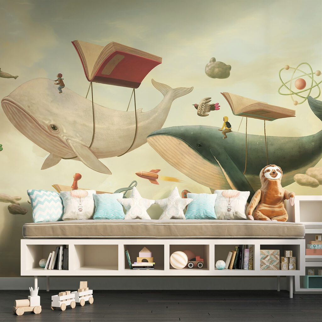 Ballenas entre libros voladores en un interior