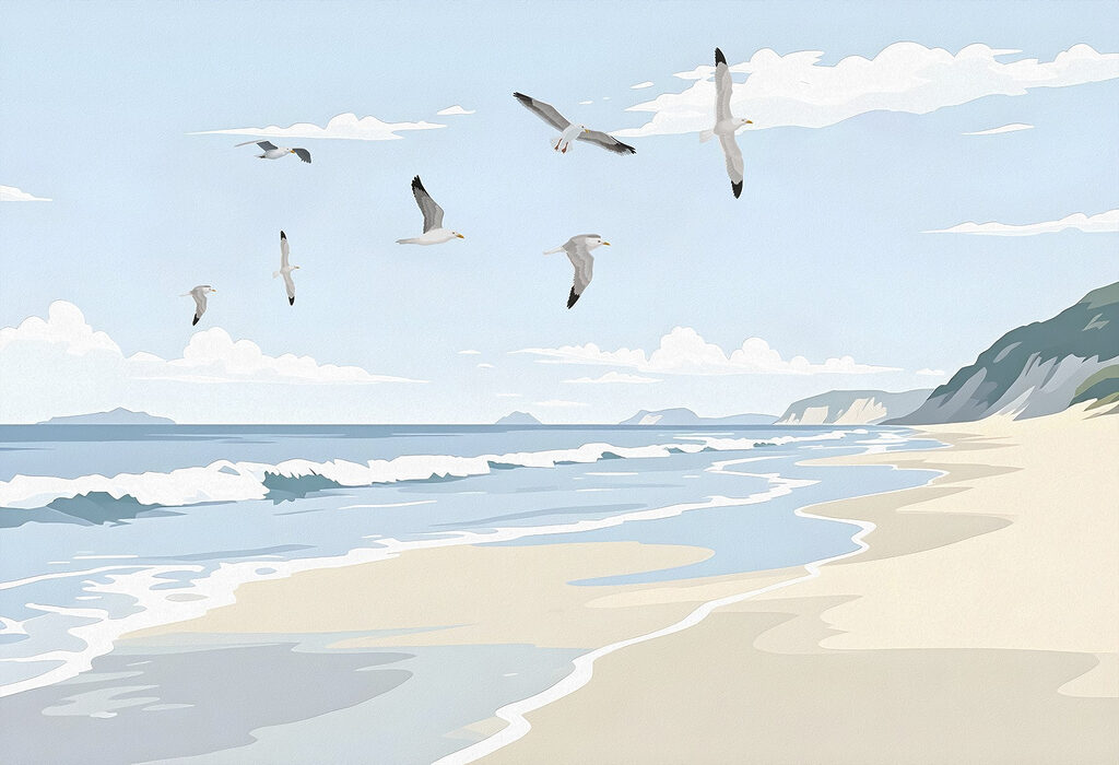 Gaviotas sobre la playa — diseño completo