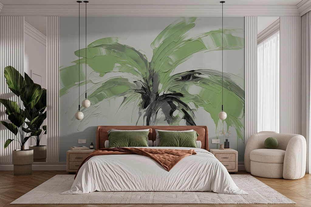 Palmera en trazos sueltos en un interior
