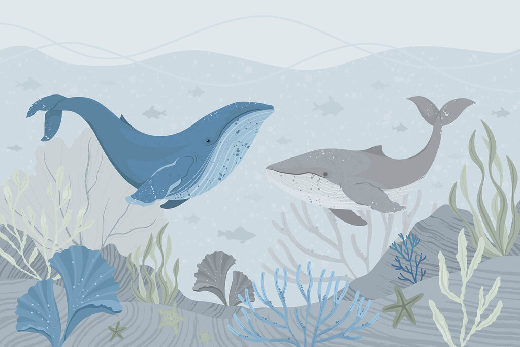 Ballenas entre corales suaves — diseño completo