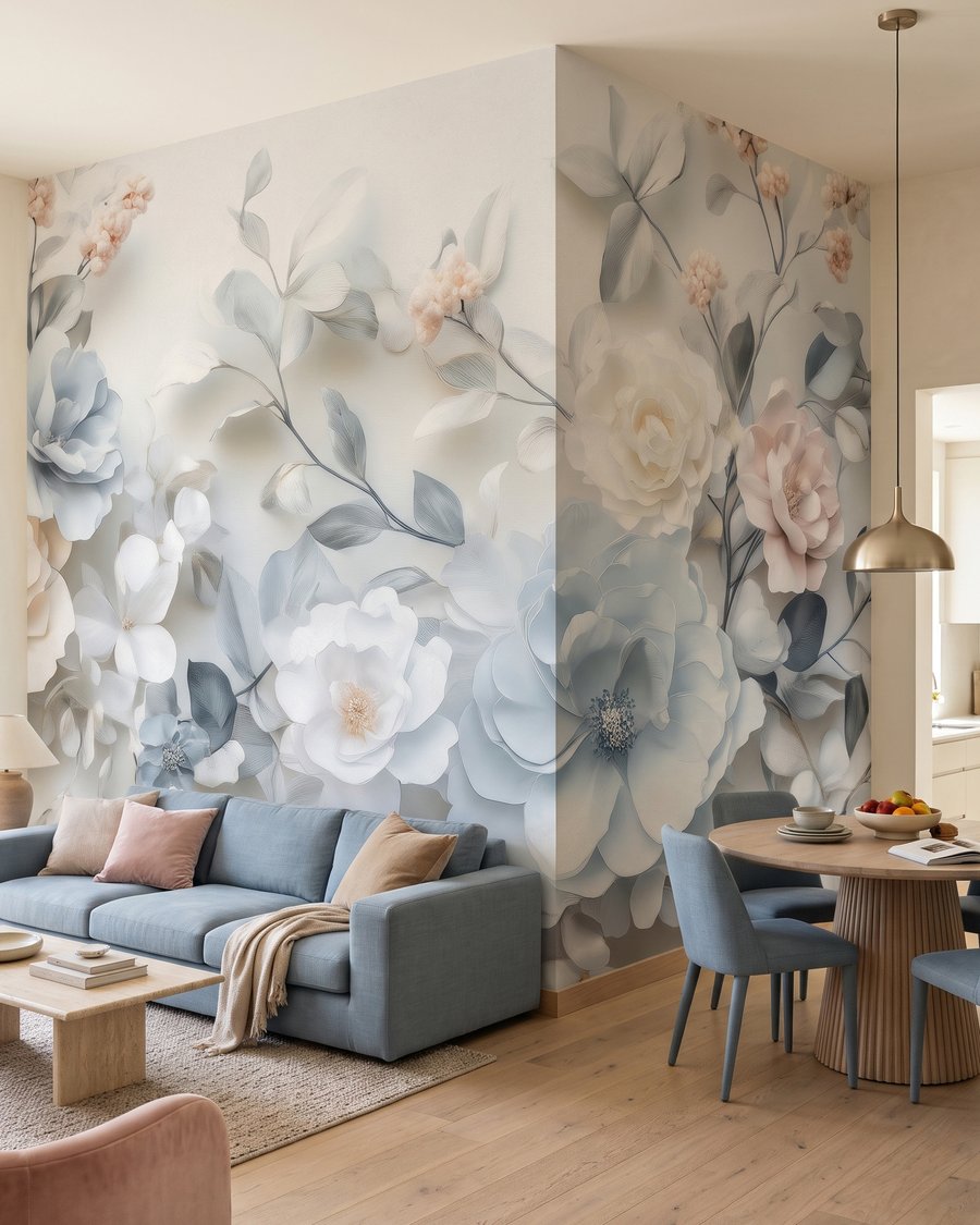 Flores blancas y azules en un interior
