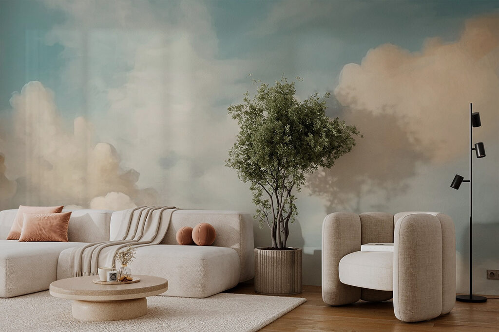 Nubes suaves sobre turquesa en un interior