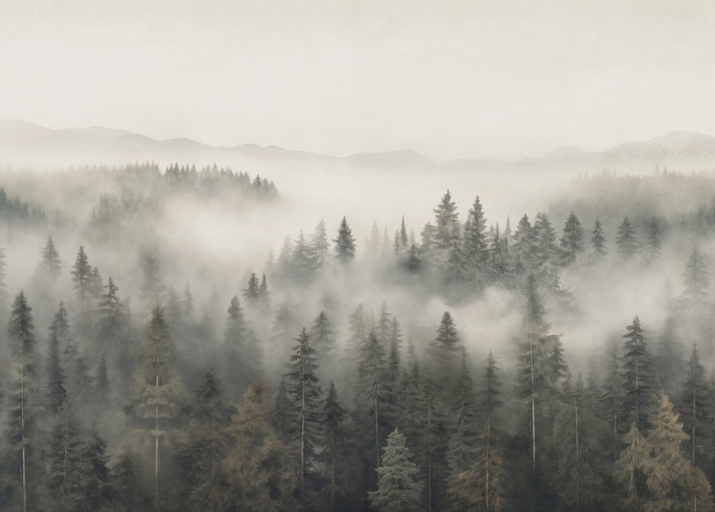 Niebla entre los pinos — diseño completo