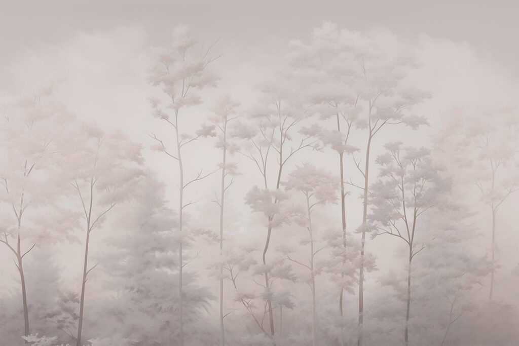 Árboles esbeltos en niebla — diseño completo