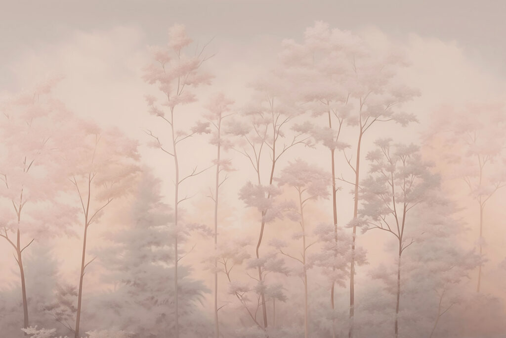 Árboles esbeltos en niebla — diseño completo