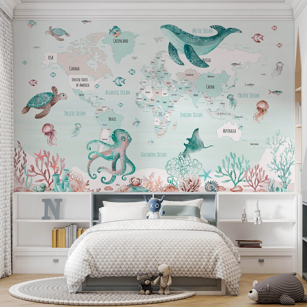 Mapa del mundo marino en un interior