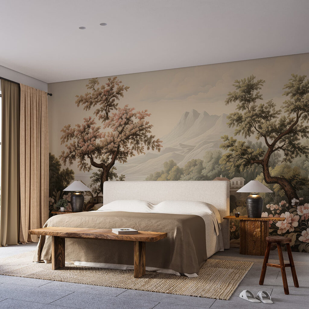 Casita entre montañas en un interior