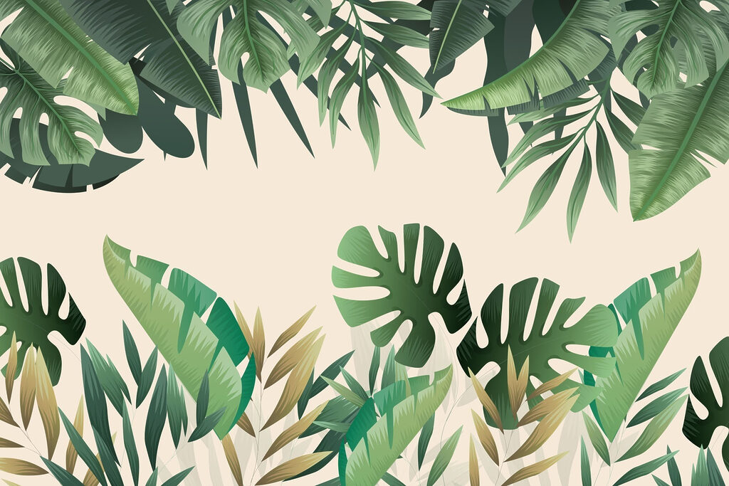 Hojas tropicales sobre arena — diseño completo
